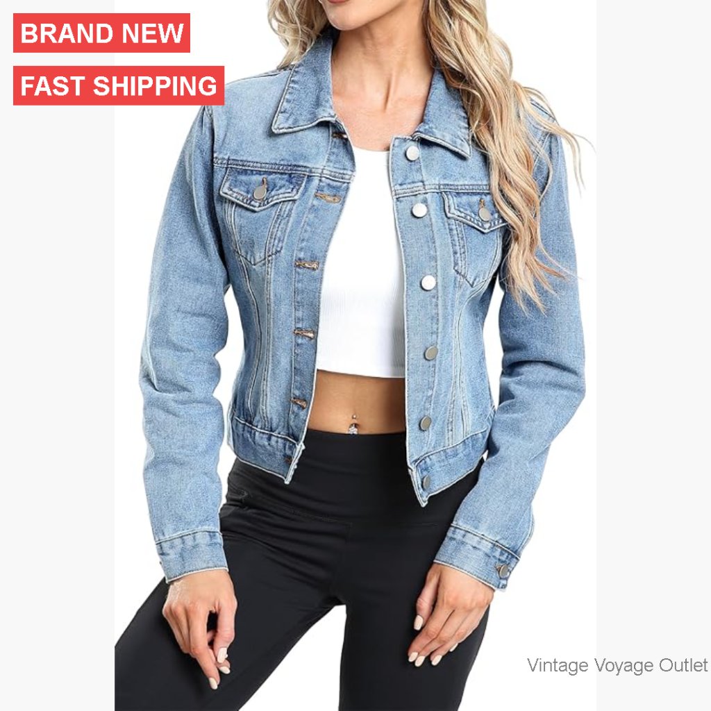 Cropped Denim Jacket Women's 100% Cotton Button Down Slim Fit Pockets